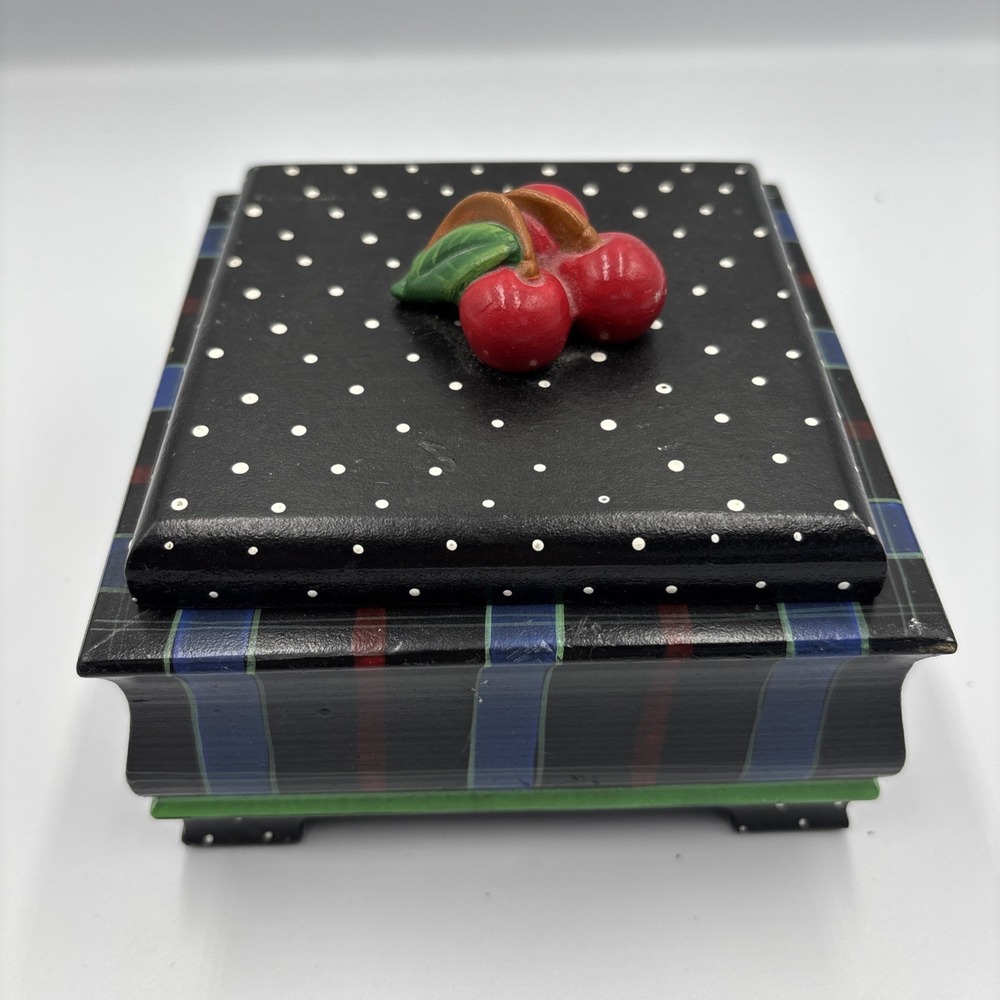 VTG Handcrafted Wooden Box w/ Lid Cherries on Lid Polka Dot Striped Signed 1996